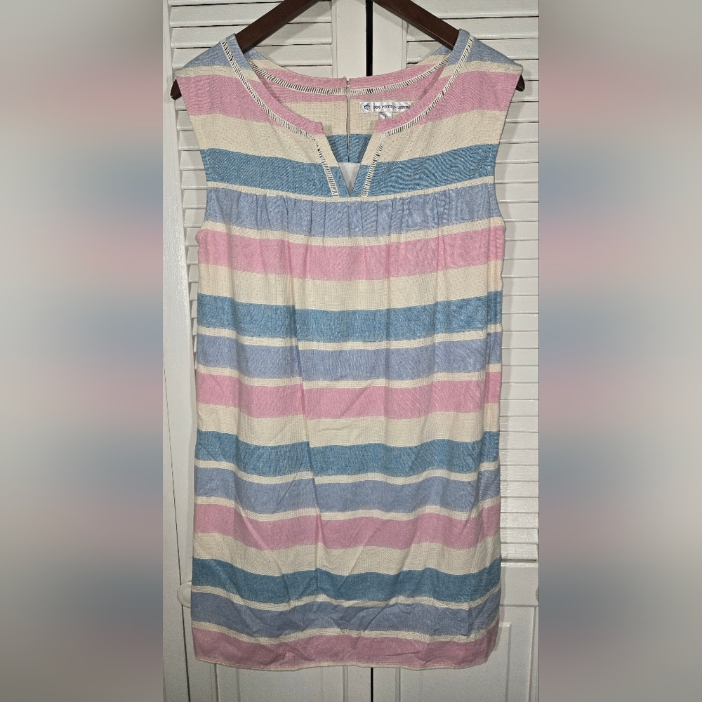 Southern Ride Cora Sleeveless Striped Linen Split Neckline Shift Mini Dress Sz 2